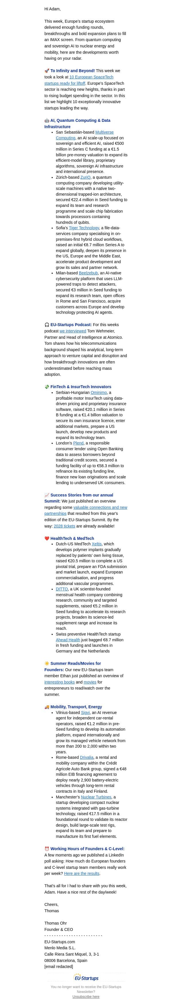 To infinity and beyond! π email from EU-Startups screenshot
