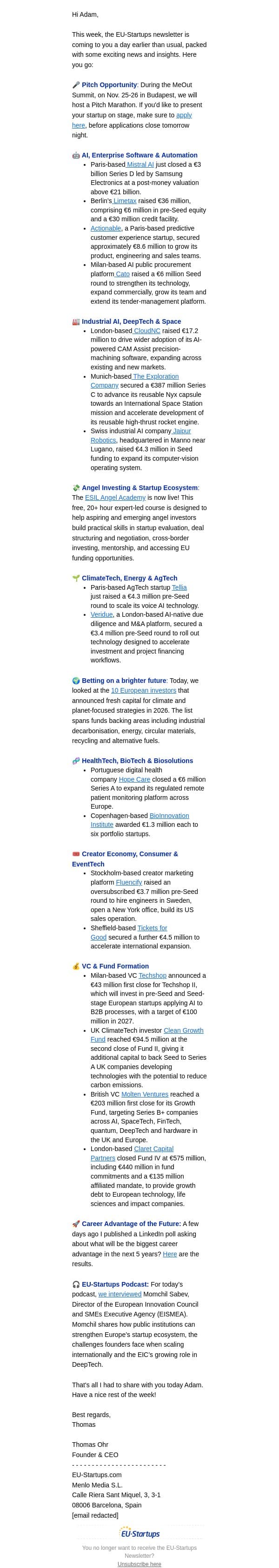 Big Rounds, Bold Startups, and a Bombastic Pitch Opportunity email from EU-Startups screenshot
