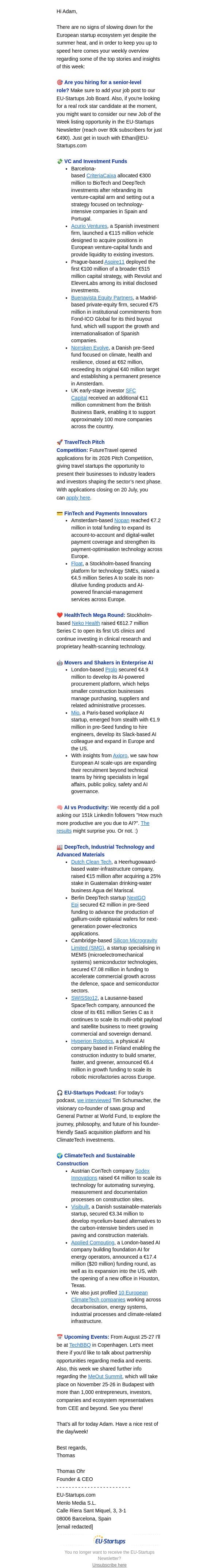 EU-Startups Update: AI & DeepTech vs. Productivity + Funding Highlights email from EU-Startups screenshot