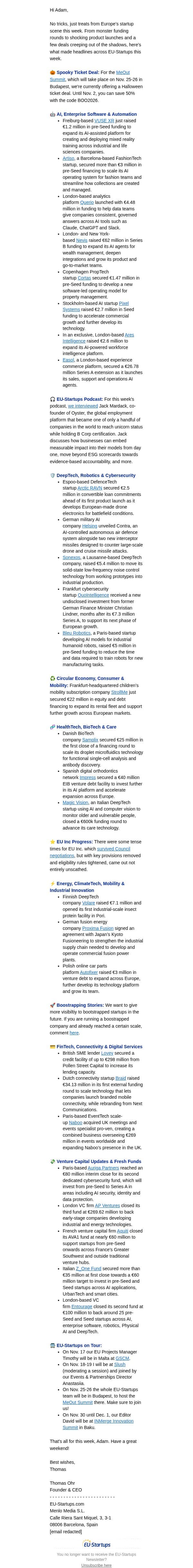π Spooky Startup News email from EU-Startups screenshot