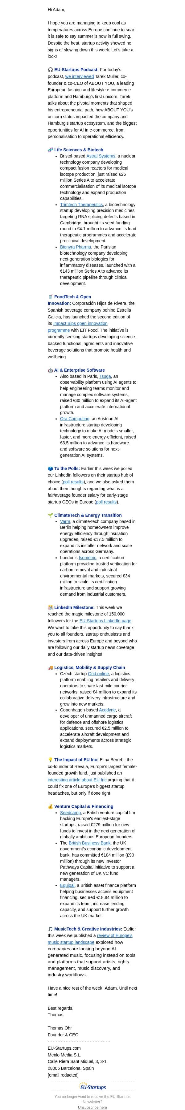 Hot Temperatures vs. Cool Startup Insights email from EU-Startups screenshot