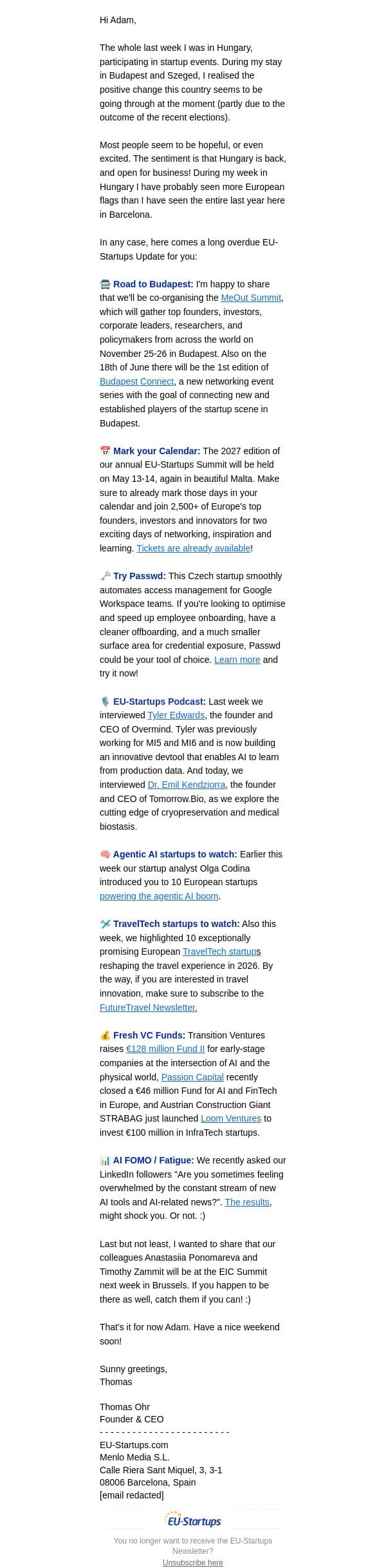 Next Stop Budapest? email from EU-Startups screenshot