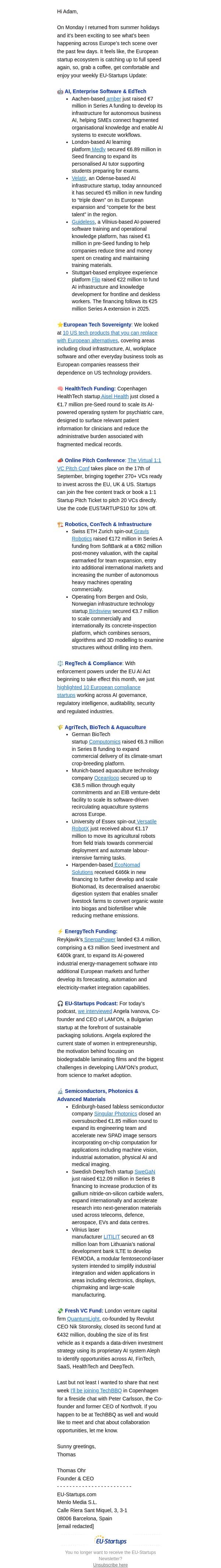 Europe’s startup engine is back at full speed 🚀 email from EU-Startups screenshot