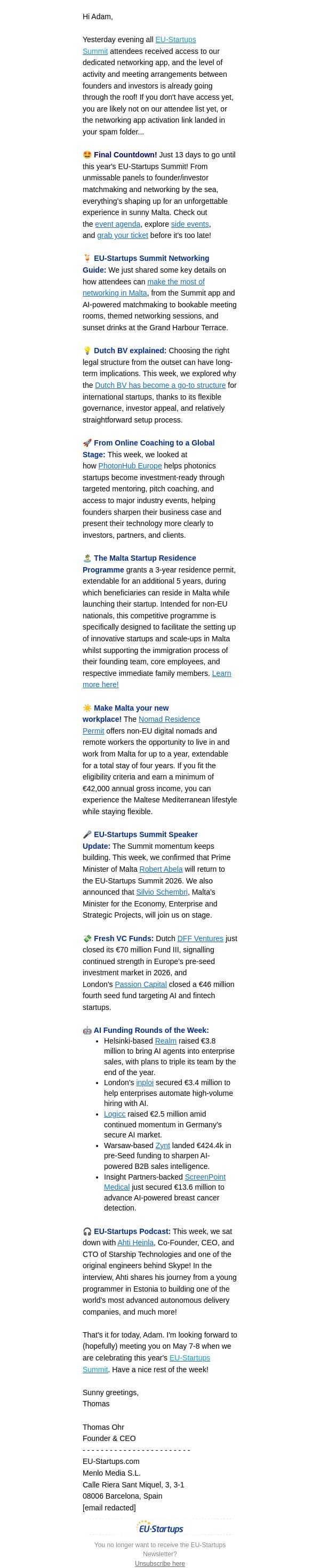 Malta is calling - see you in 13 days! email from EU-Startups screenshot