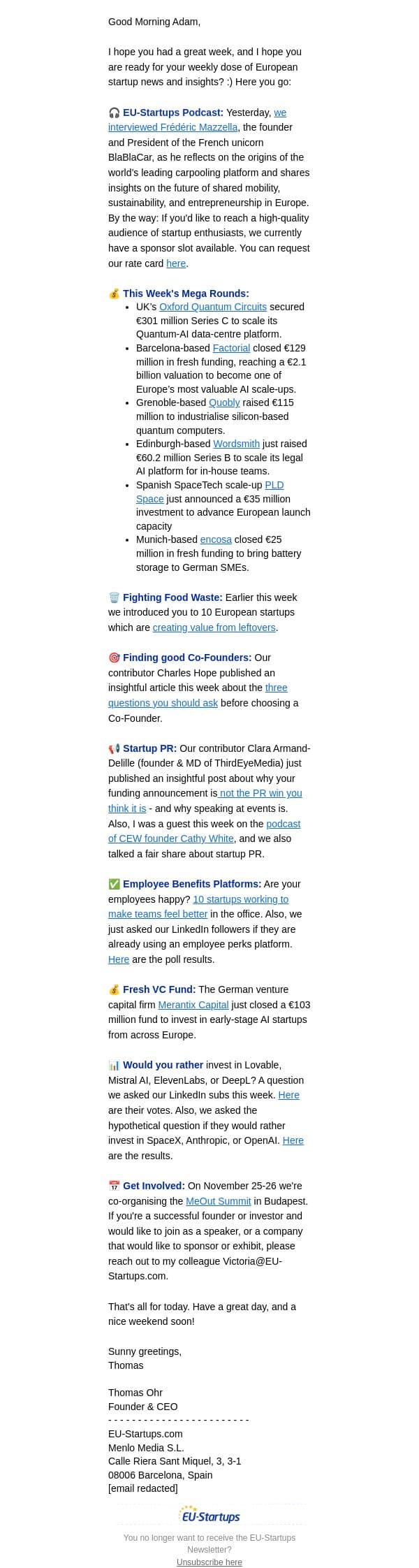 Fresh Startup Insights: Mega Rounds, Co-Founder Tips, and PR Lessons email from EU-Startups screenshot