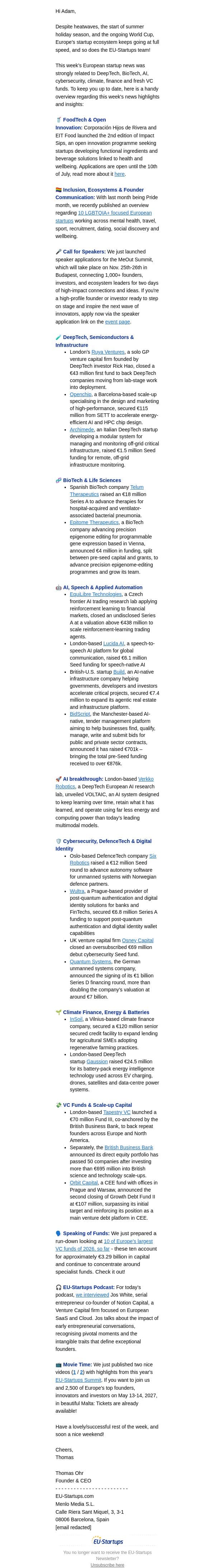 Europe’s Startups Beat the Heat: DeepTech, AI & Fresh VC Funds email from EU-Startups screenshot