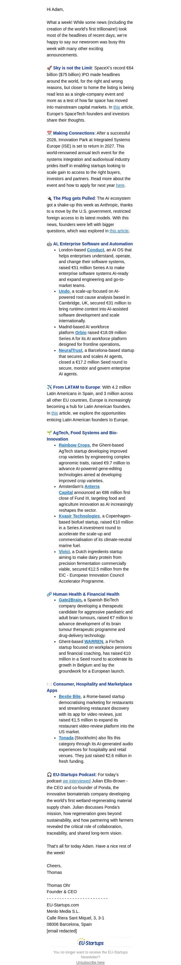 Space, AI & Startup Funding Buzz of this Week email from EU-Startups screenshot