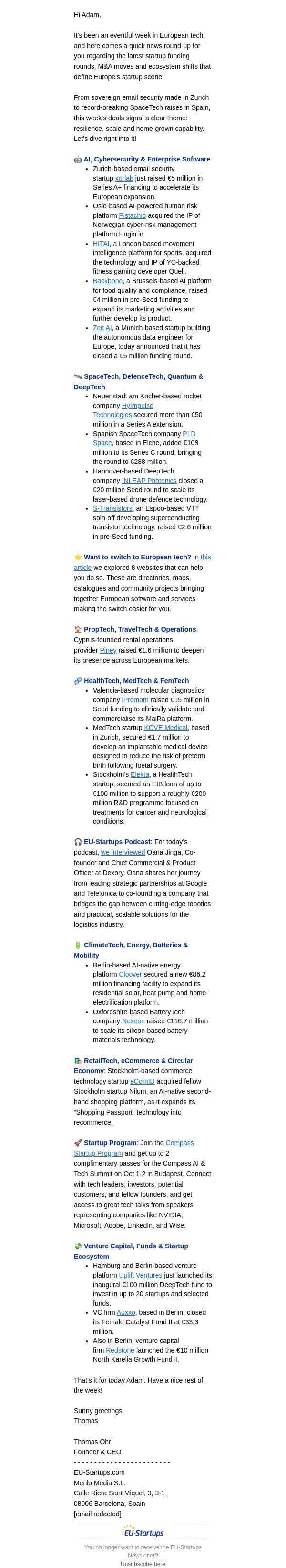Resilience, Scale and Home-Grown Capabilities email from EU-Startups screenshot