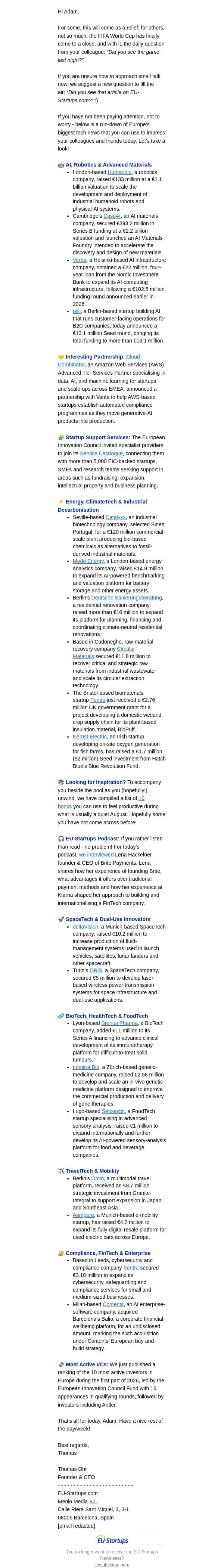 The World Cup is over. Europe’s startup ecosystem is just getting started. email from EU-Startups screenshot