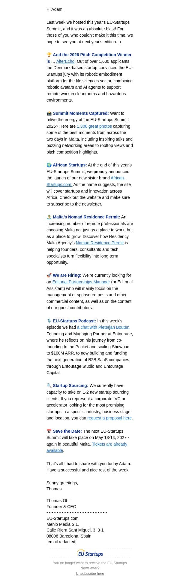 Pitch Winner, EU-Startups Summit Highlights & More! email from EU-Startups screenshot