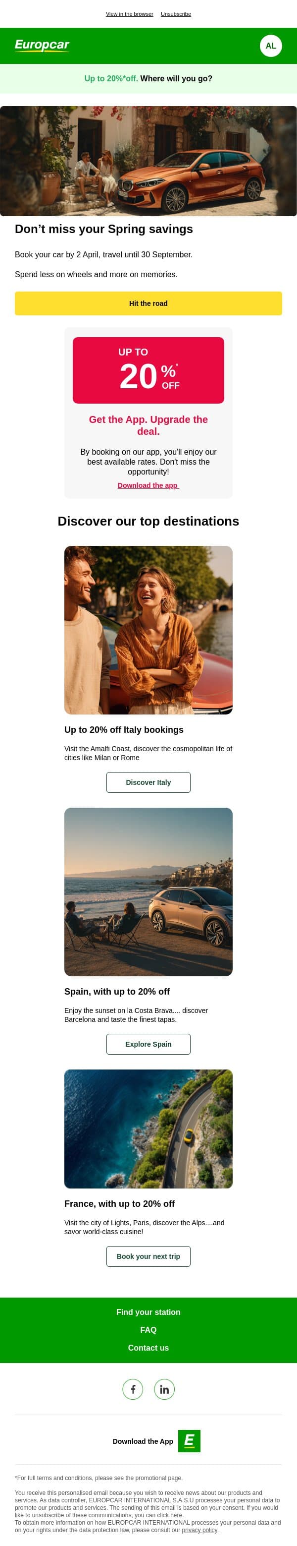 Final hours: 20% off your spring trip* email from Europcar Mobility Group screenshot