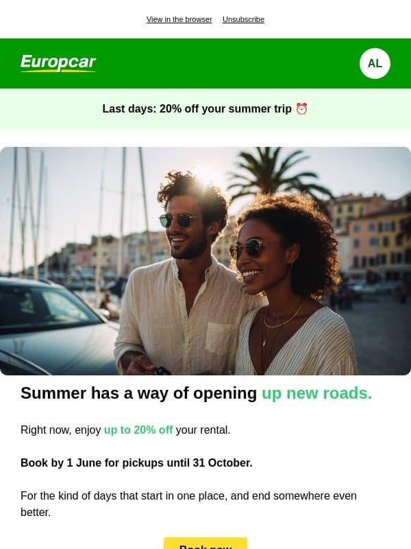 Donβt miss up to 20% off your summer trip β° email from Europcar Mobility Group