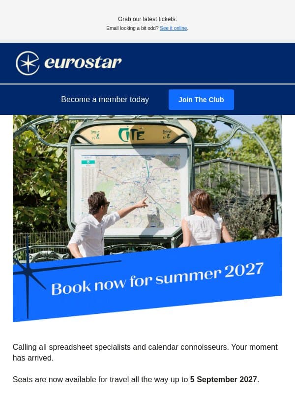 Book now for summer 2027 email from Eurostar