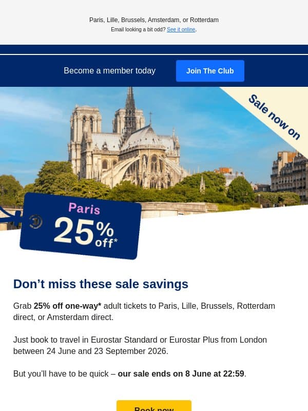 Sale now on: 25% off one way π€ email from Eurostar
