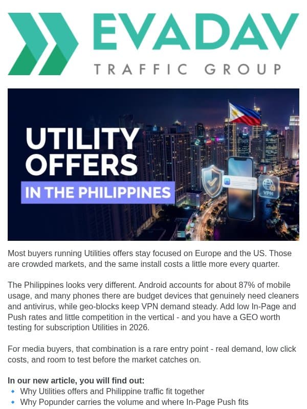📱 Utilities Offers on Philippine Traffic: VPN, Cleaners, Antivirus email from EvaDav