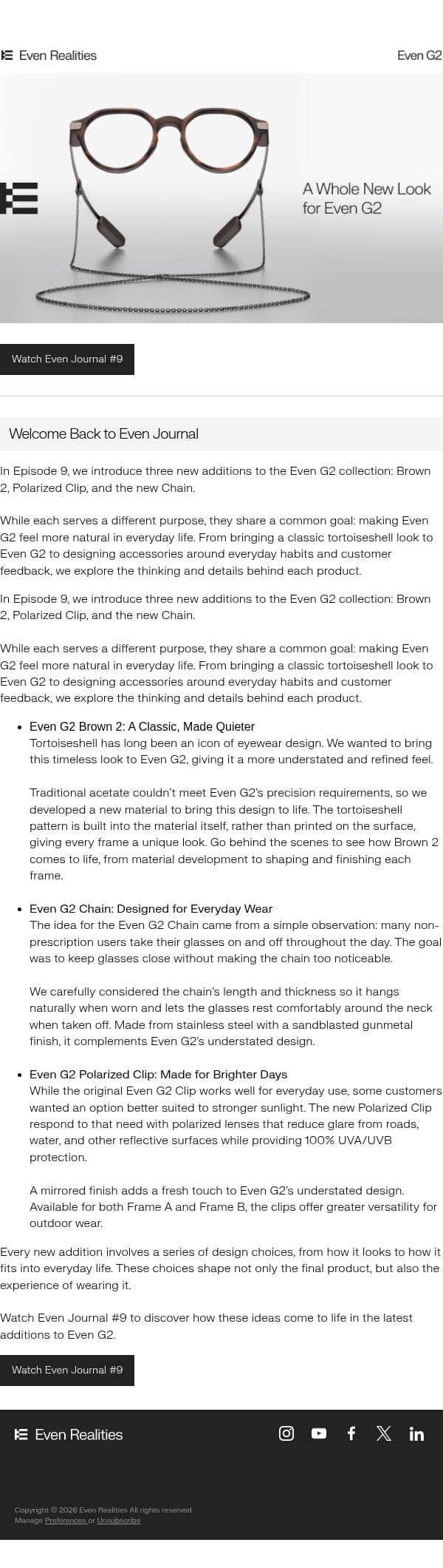 A Whole New Look for Even G2. More Ways to Wear It email from Even Realities screenshot