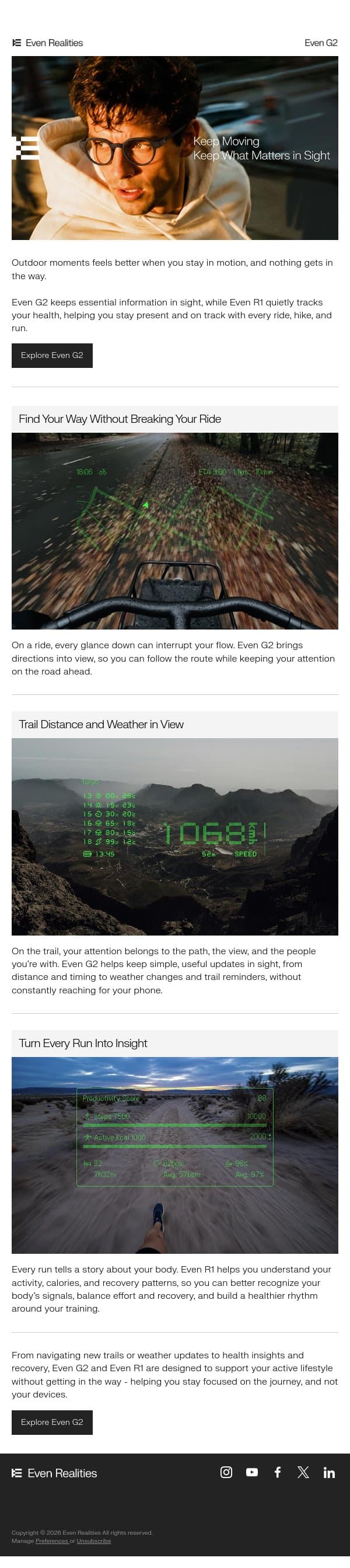 Outdoors Uninterrupted: Information in Sight email from Even Realities screenshot