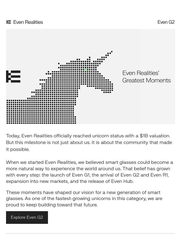 Thank You for Being Part of This Milestone email from Even Realities