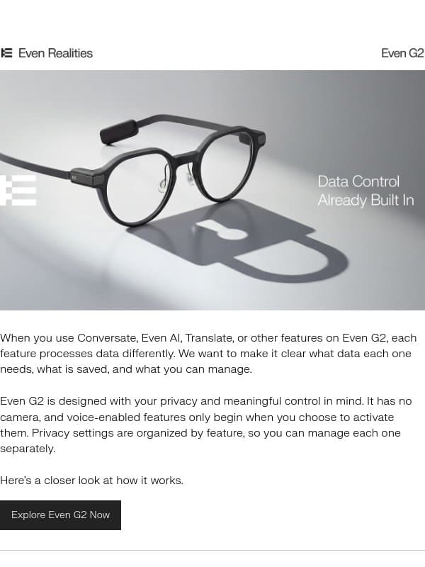 How Privacy Works on Even G2 email from Even Realities