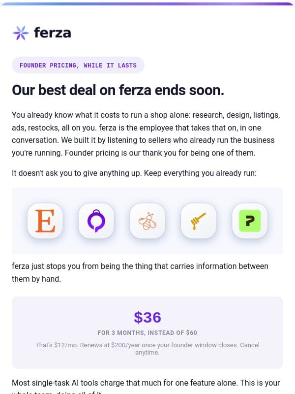 Our best deal on ferza ends soon. email from EverBee