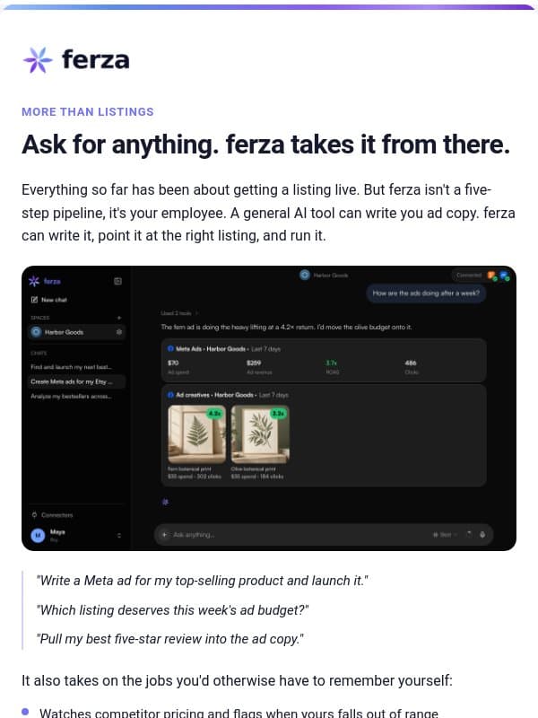 Ask for anything. ferza takes it from there. email from EverBee