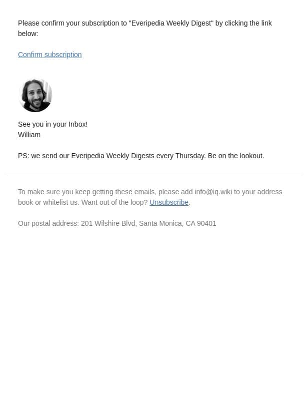 Please confirm your subscription (Everipedia) email from Everipedia screenshot