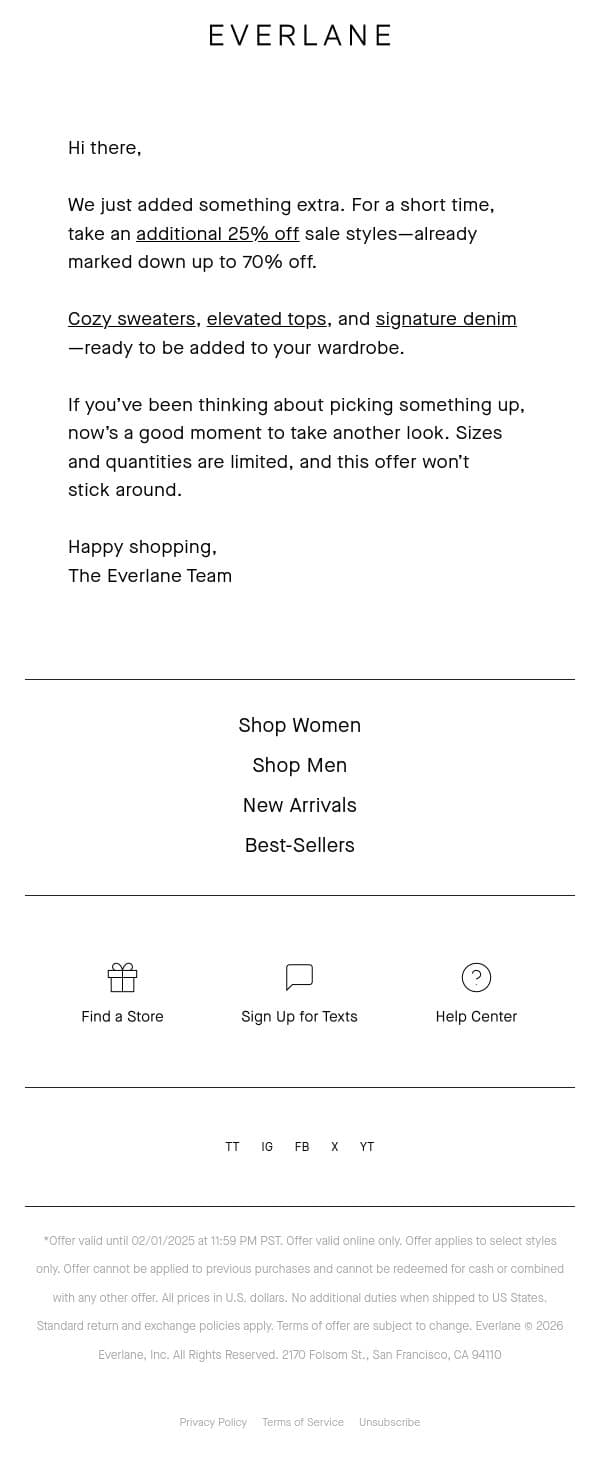 Starting To Sell Out: Shop Extra 25% Off Sale Styles email from Everlane screenshot