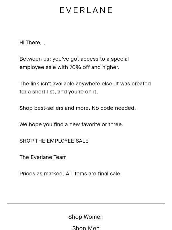 We’re Sharing Our Employee Sale Access email from Everlane