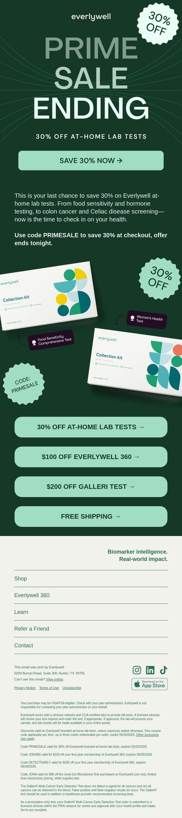 Only hours left to save 30% 🚨 email from Everlywell screenshot