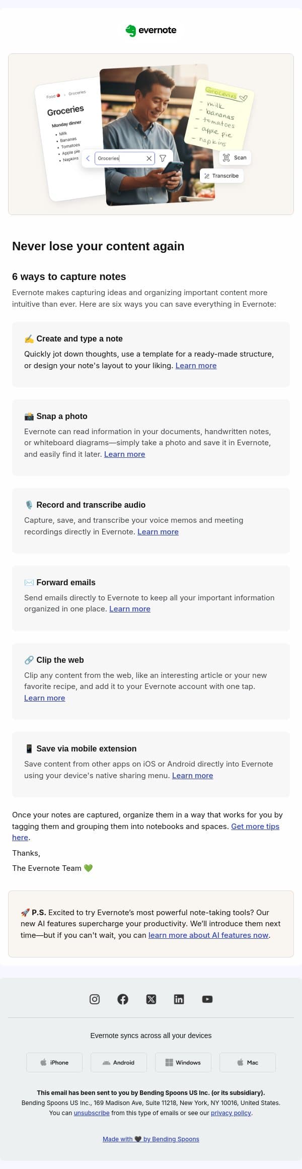 Never lose your content again - 6 ways to capture notes email from Evernote screenshot