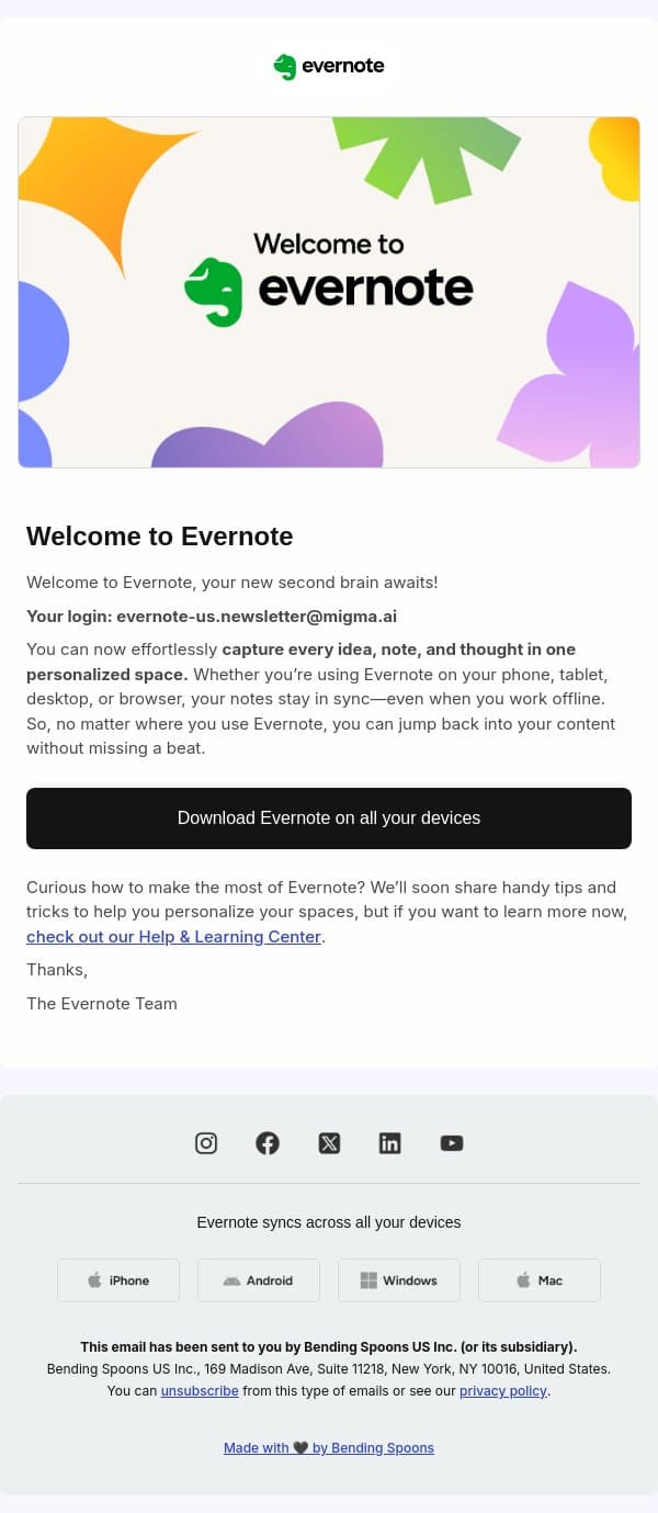 Welcome to Evernote email from Evernote screenshot