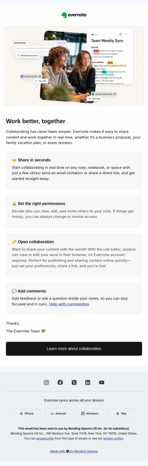 Work better, together email from Evernote screenshot
