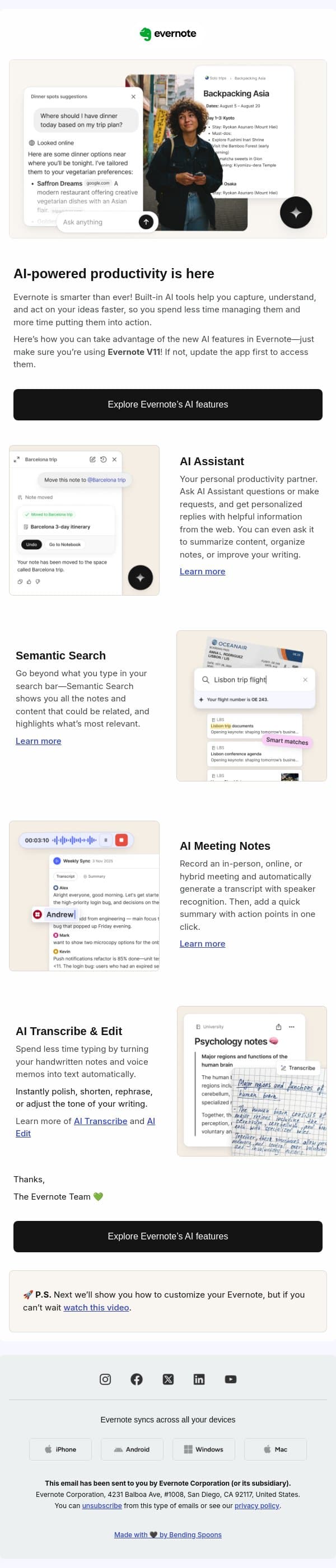 AI-powered productivity is here email from Evernote screenshot