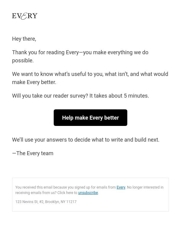 Every needs your help email from Every screenshot