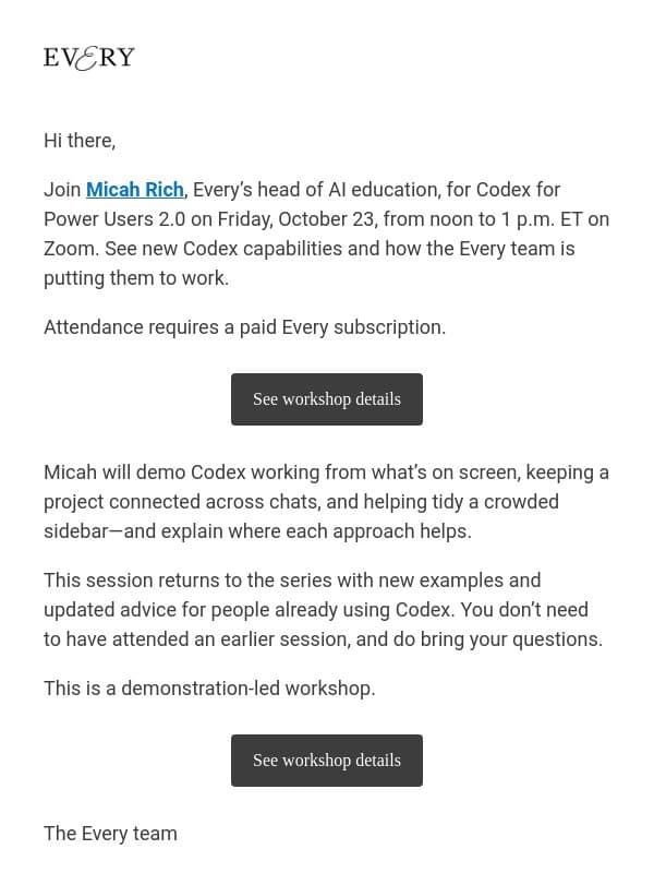 Codex for Power Users 2.0: Live workshop this Friday email from Every