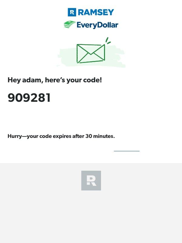 Here's your EveryDollar verification code. email from EveryDollar screenshot