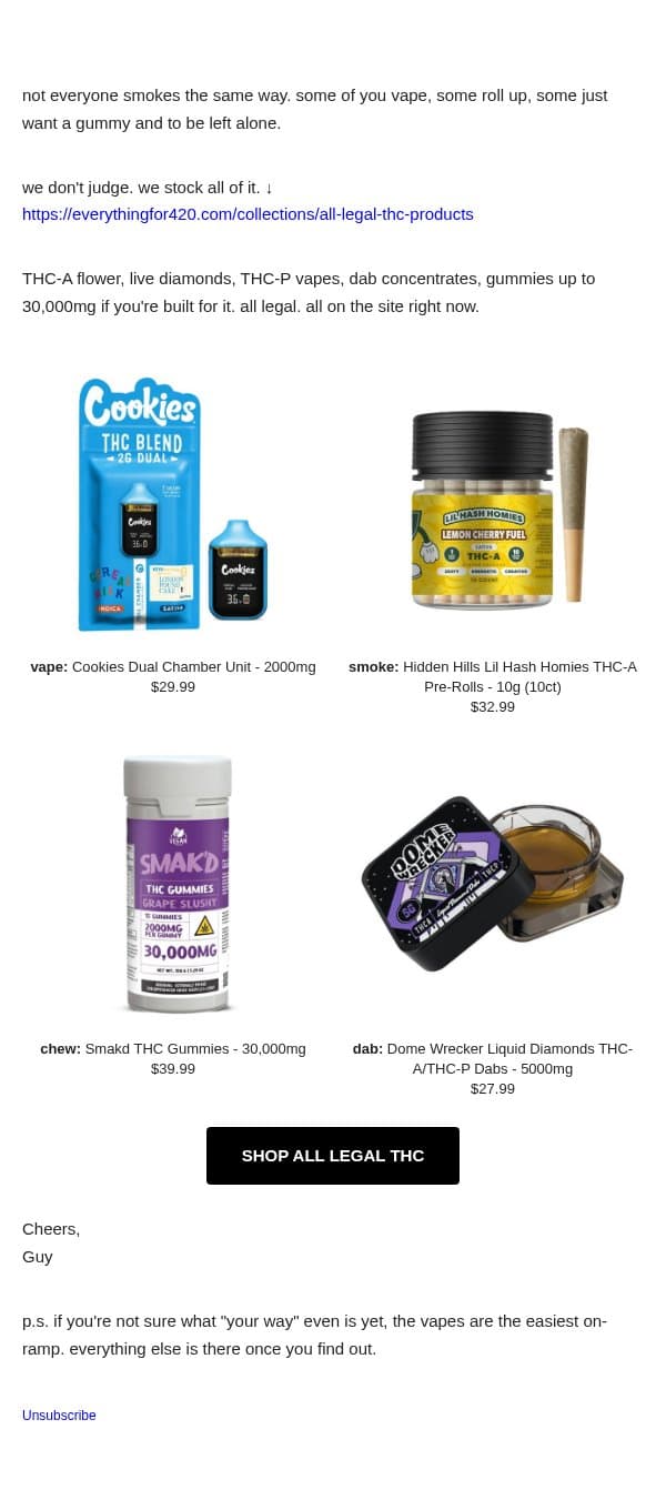 legal THC. however you take it. email from Everything For 420 screenshot
