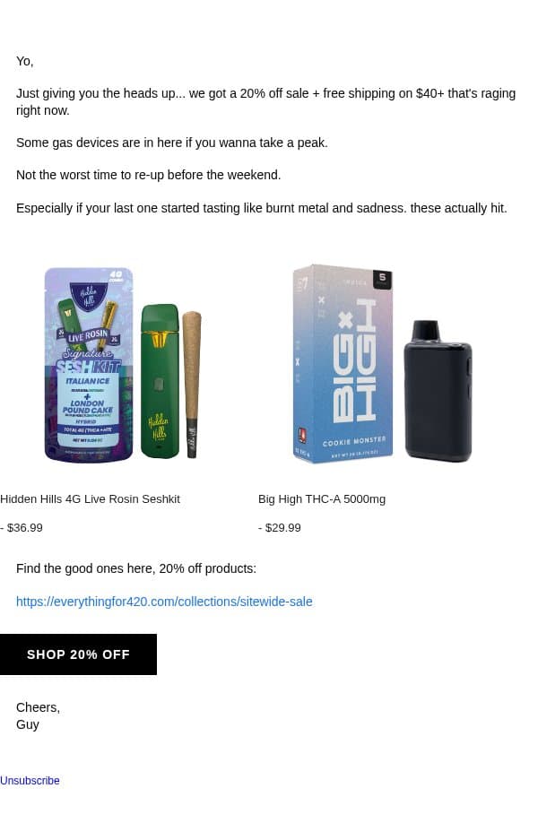 20% off THC devices (legit) 💨 email from Everything For 420 screenshot