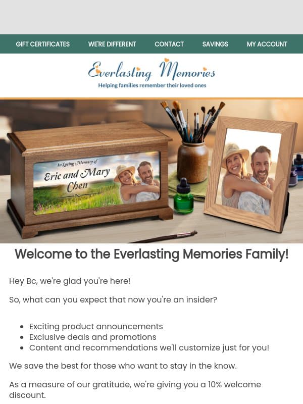 ⭐ Welcome! Here's 10% off your first order. ⭐ email from Evrmemories