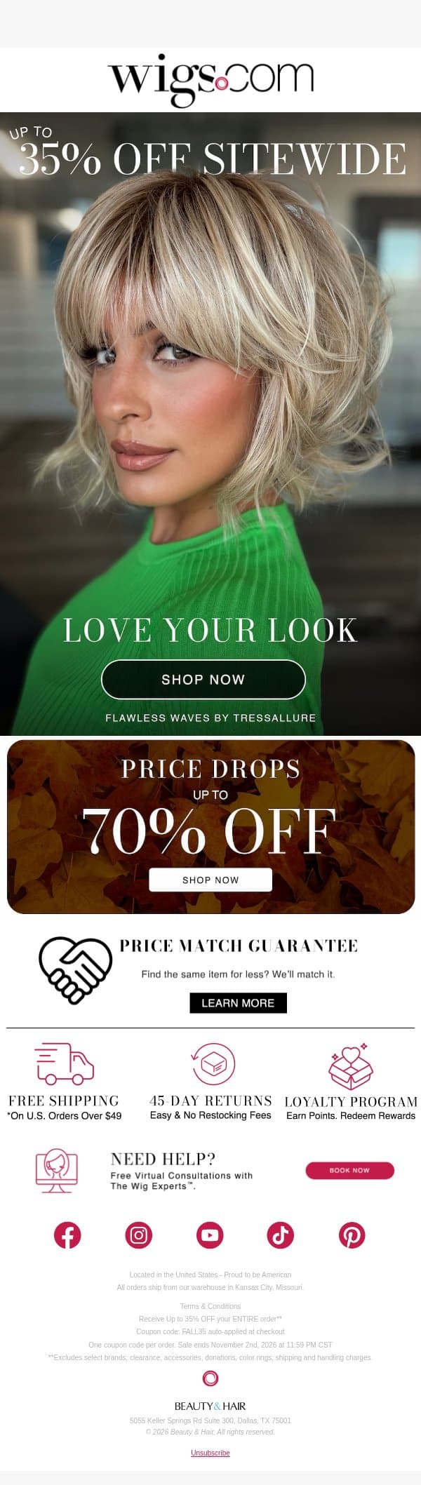 Up to 35% OFF Love Your Look Sale email from eWigs screenshot