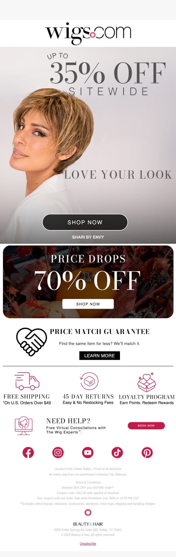 Up to 70% OFF Price Drops! email from eWigs screenshot