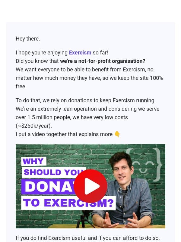 Did you know we're a not-for-profit? email from Exercism