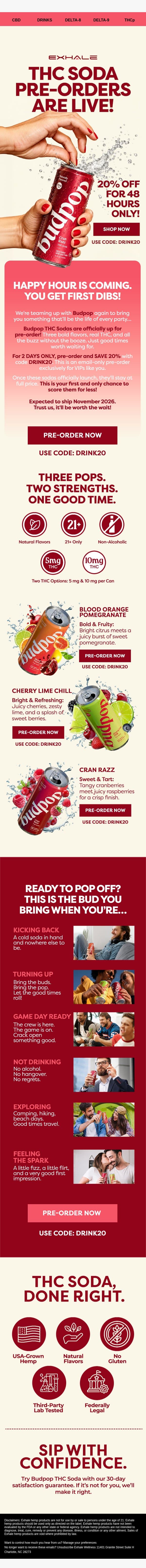 NEW DROP! THC Soda Pre-Orders Are LIVE! email from Exhale Wellness screenshot