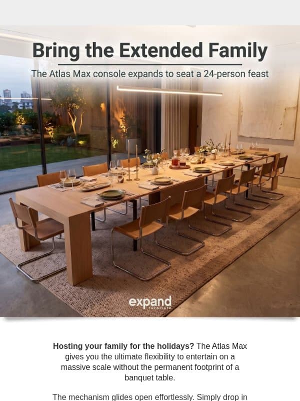 Hosting 24 people for dinner. Yes, really. email from Expand Furniture