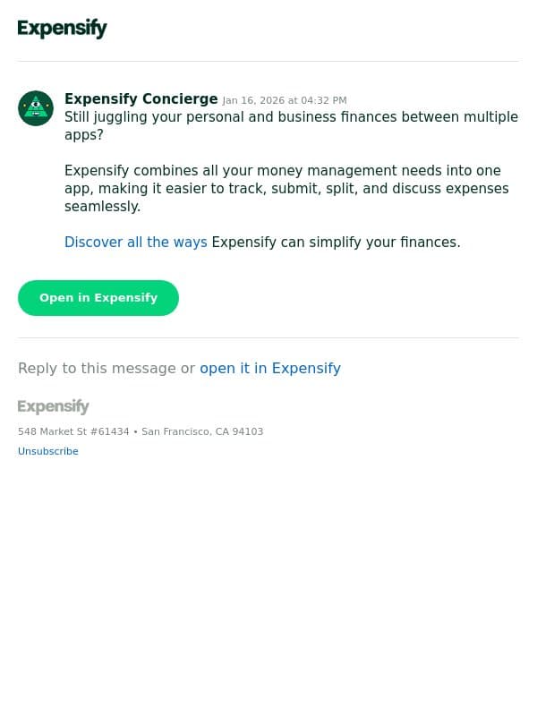 One app for all your money management needs email from Expensify screenshot