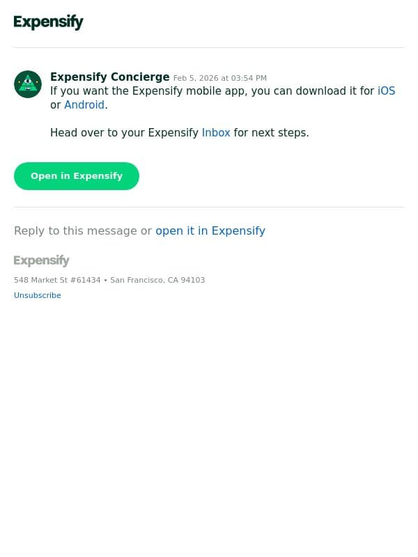 Download the Expensify mobile app email from Expensify screenshot