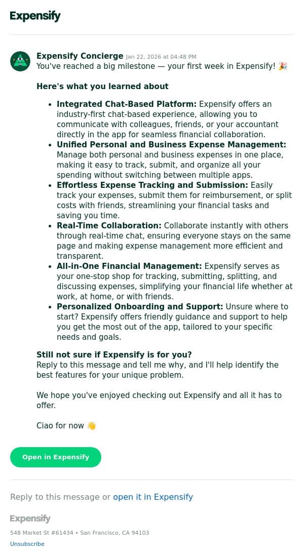 Recapping your first week in Expensify email from Expensify screenshot