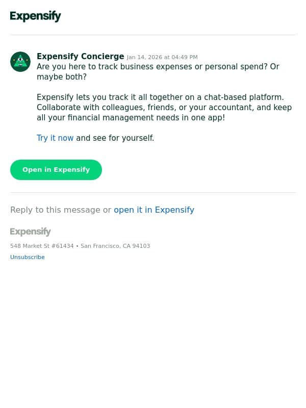Business? Personal? Now it's both. email from Expensify screenshot