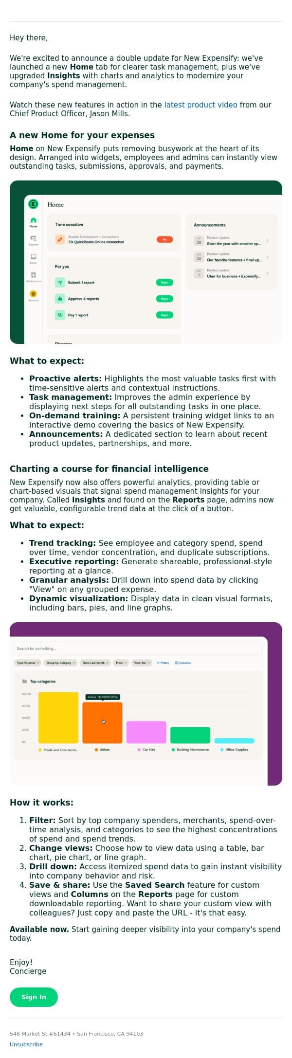 Introducing the Home tab and Insights analytics email from Expensify screenshot