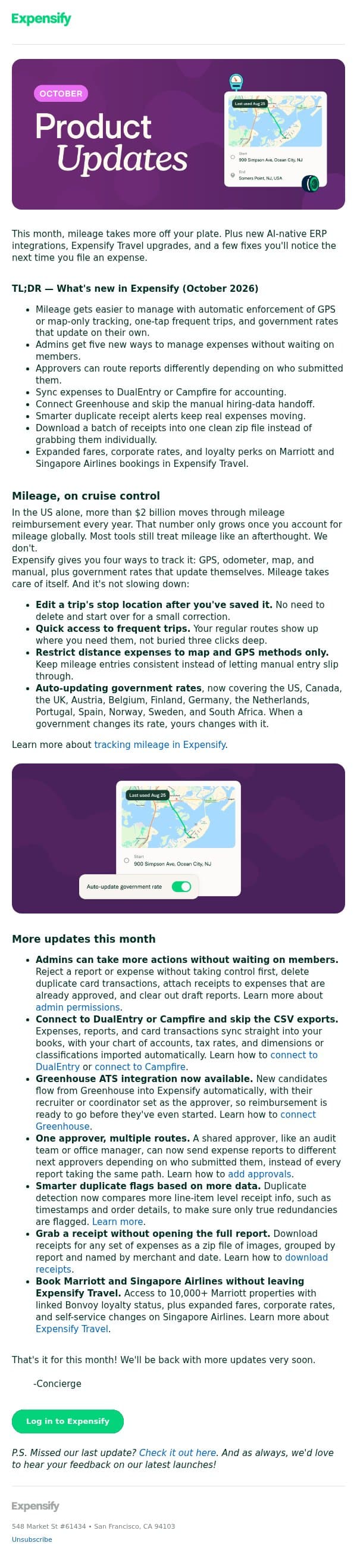 Your October Expensify update: Mileage is now on autopilot email from Expensify screenshot